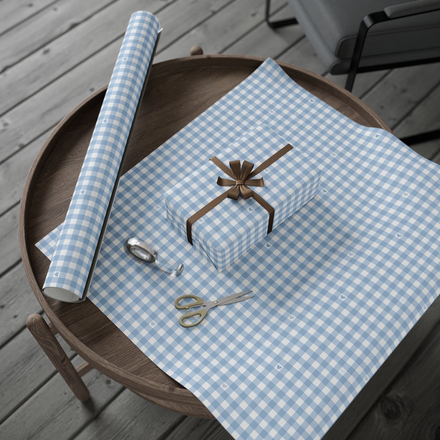 Gingham Blue with Small Hearts Wrapping Papers - Lokipawz