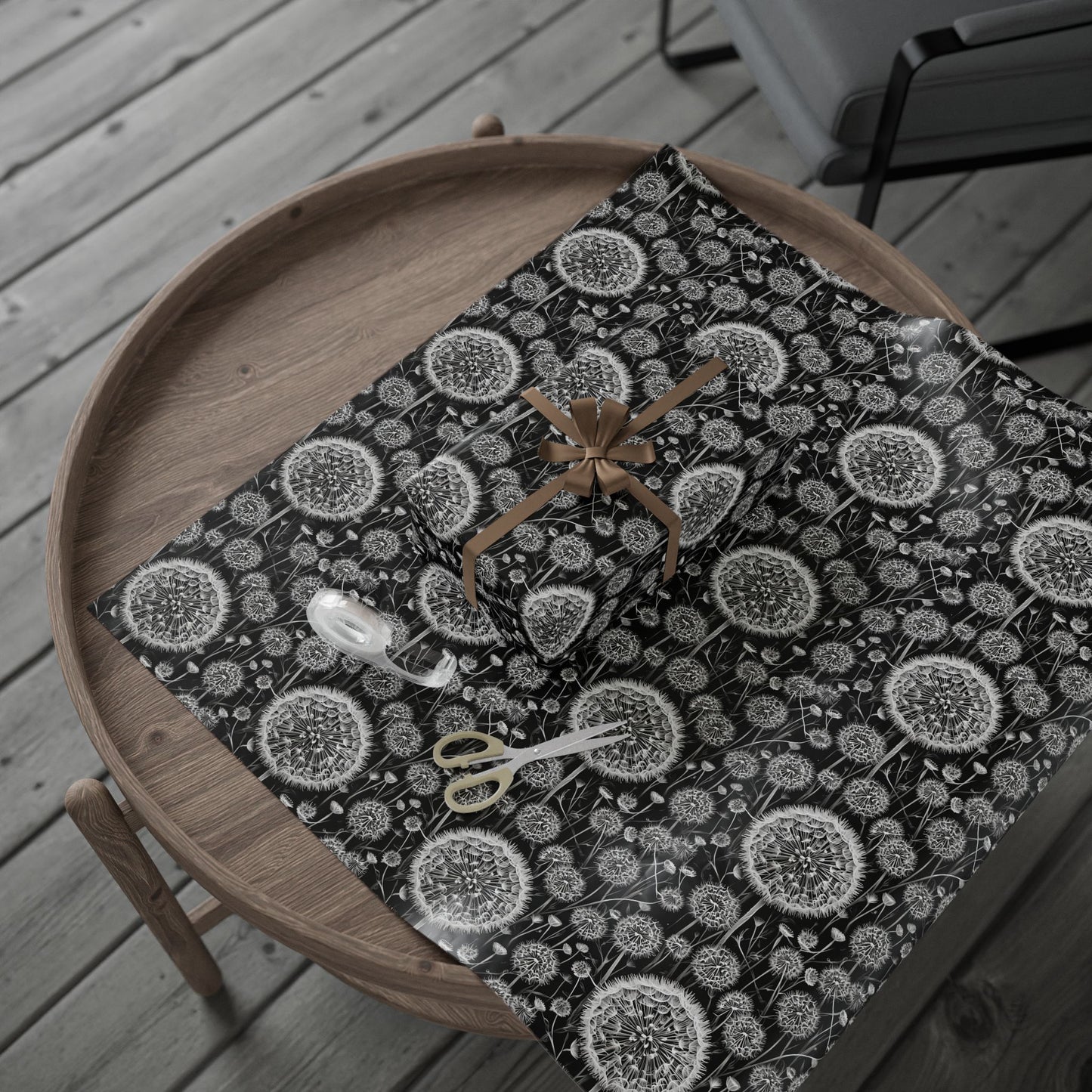 Wrapping Papers - Dandelion Seed Head Flowers Black and White Line Drawings