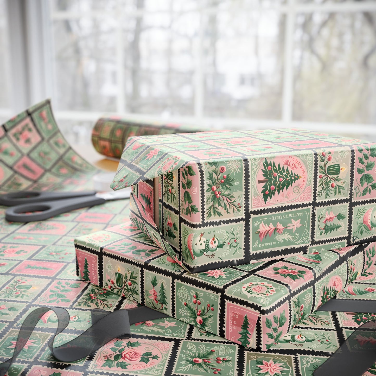 Mint to Be – Retro Holiday Stamp Wrapping Paper