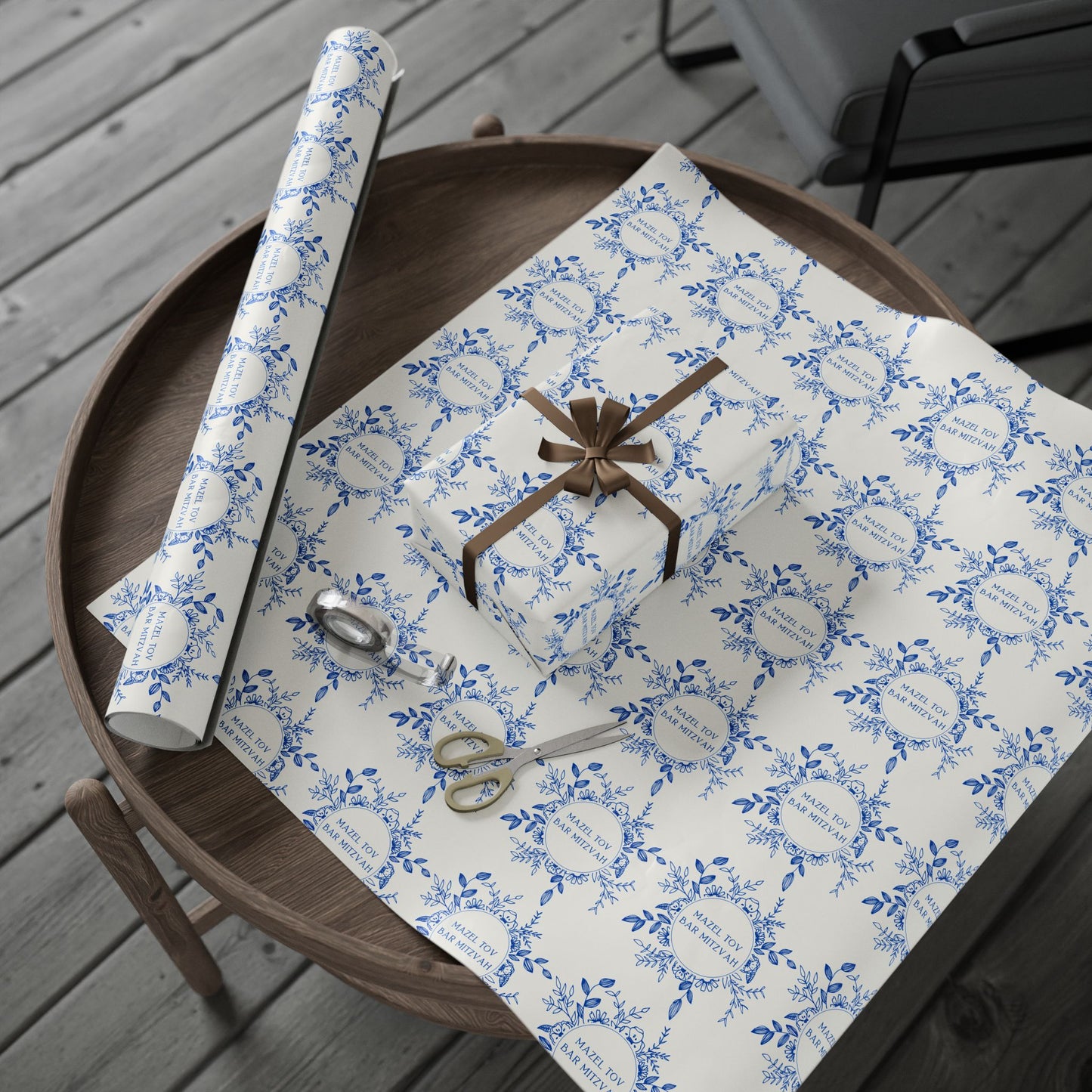 Mazel Tov Bar Mitzvah Blue Floral Gift Wrap
