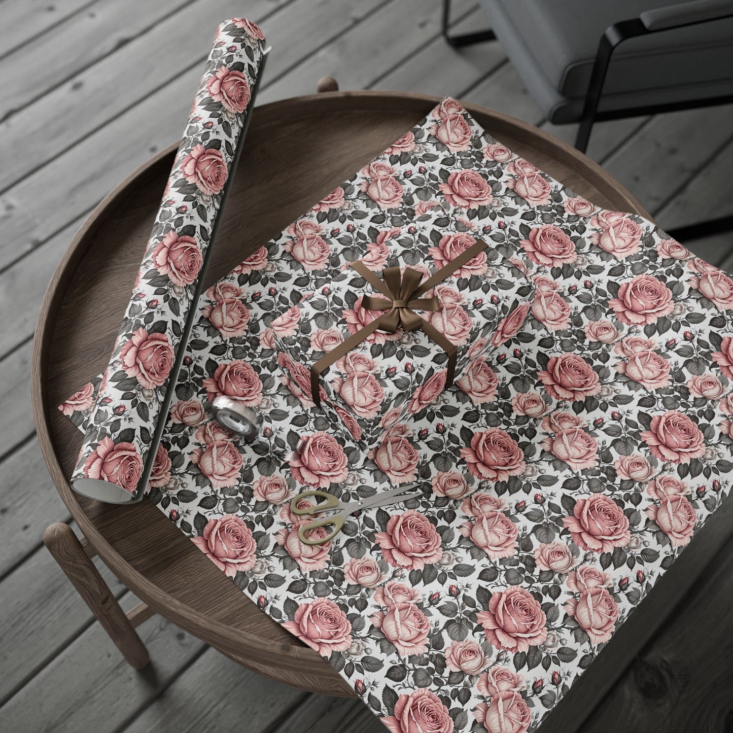Rose Whispers – Soft Floral Gift Wrap in Pink & Grey