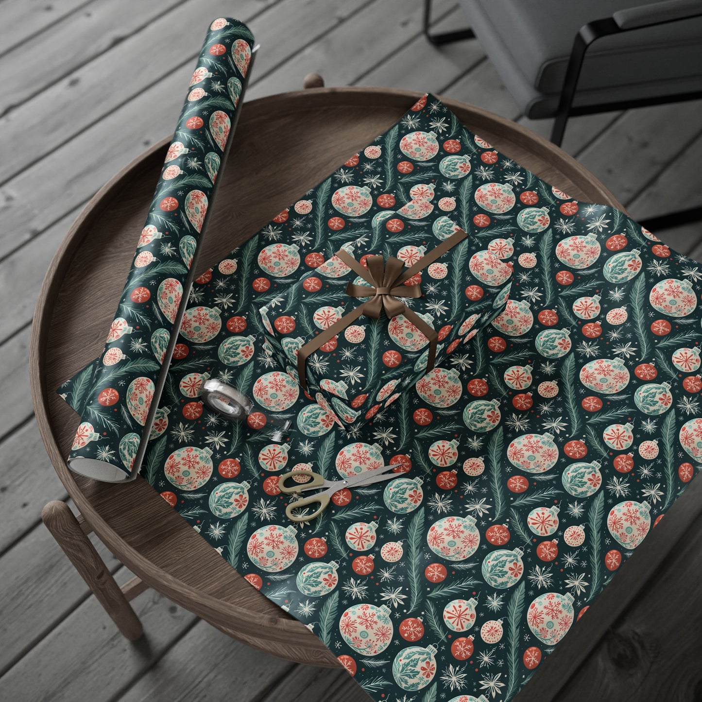 Frosted Evergreen – Retro Ornament & Pine Wrapping Paper