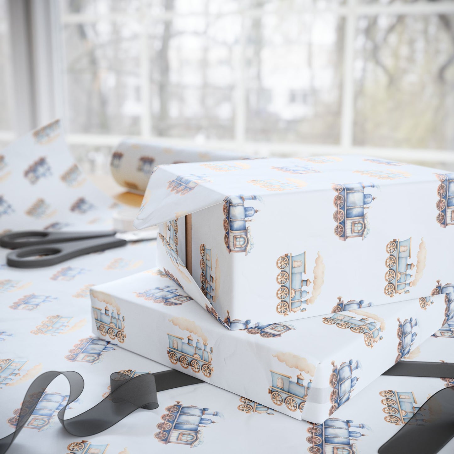 Charming Blue Train Wrapping Paper for Kids – Cute Vintage Locomotive Gift Wrap