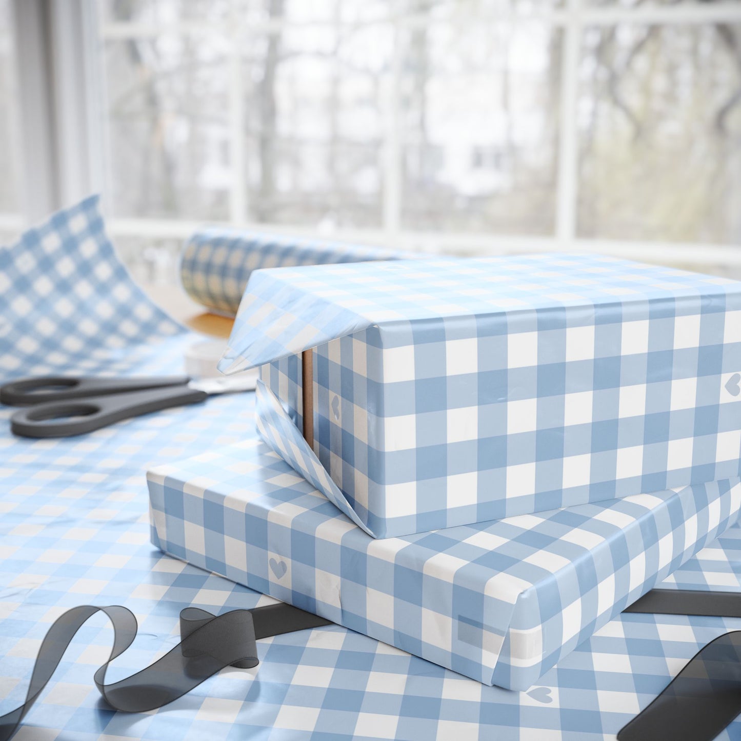 Gingham Blue with Small Hearts Wrapping Papers - Lokipawz