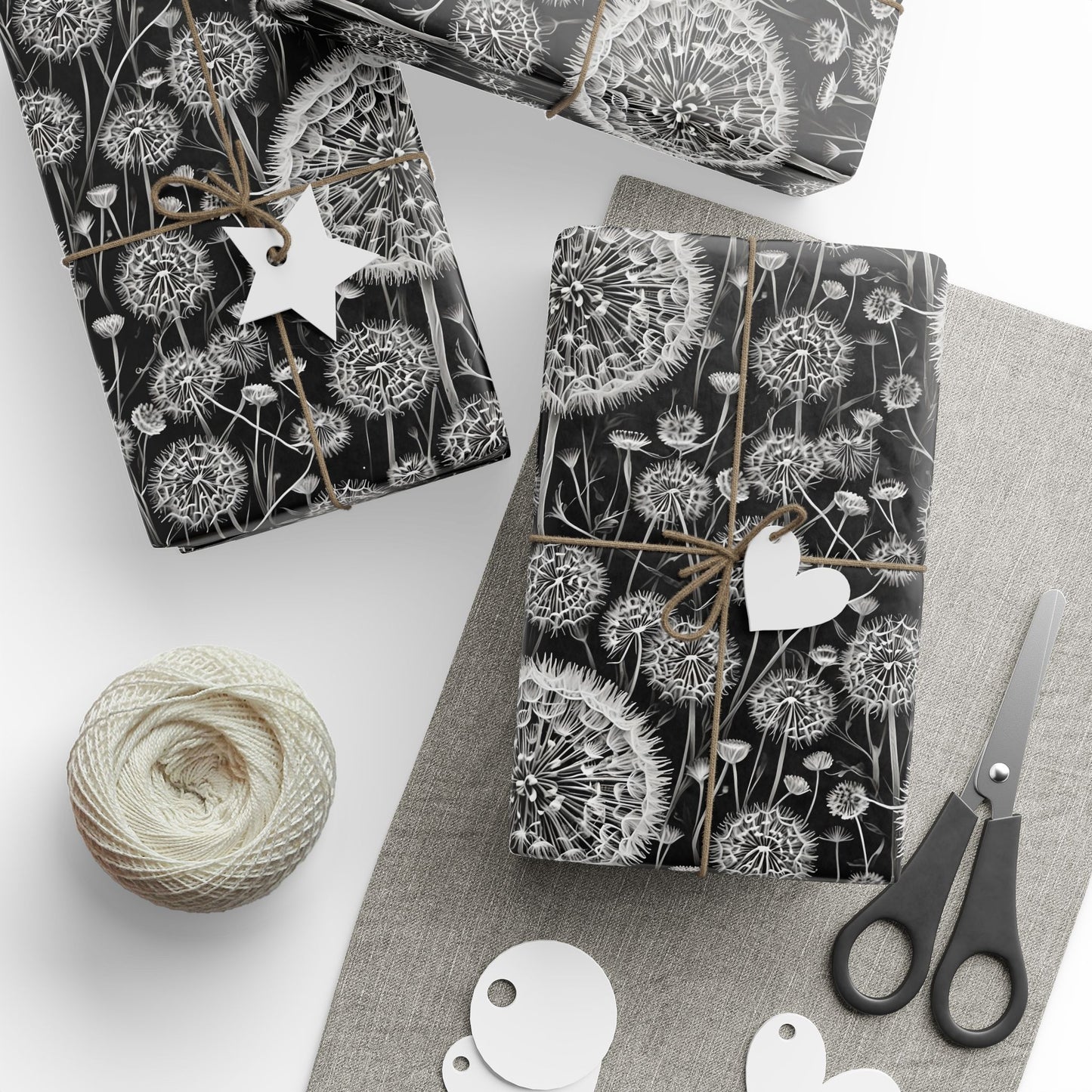 Wrapping Papers - Dandelion Seed Head Flowers Black and White Line Drawings