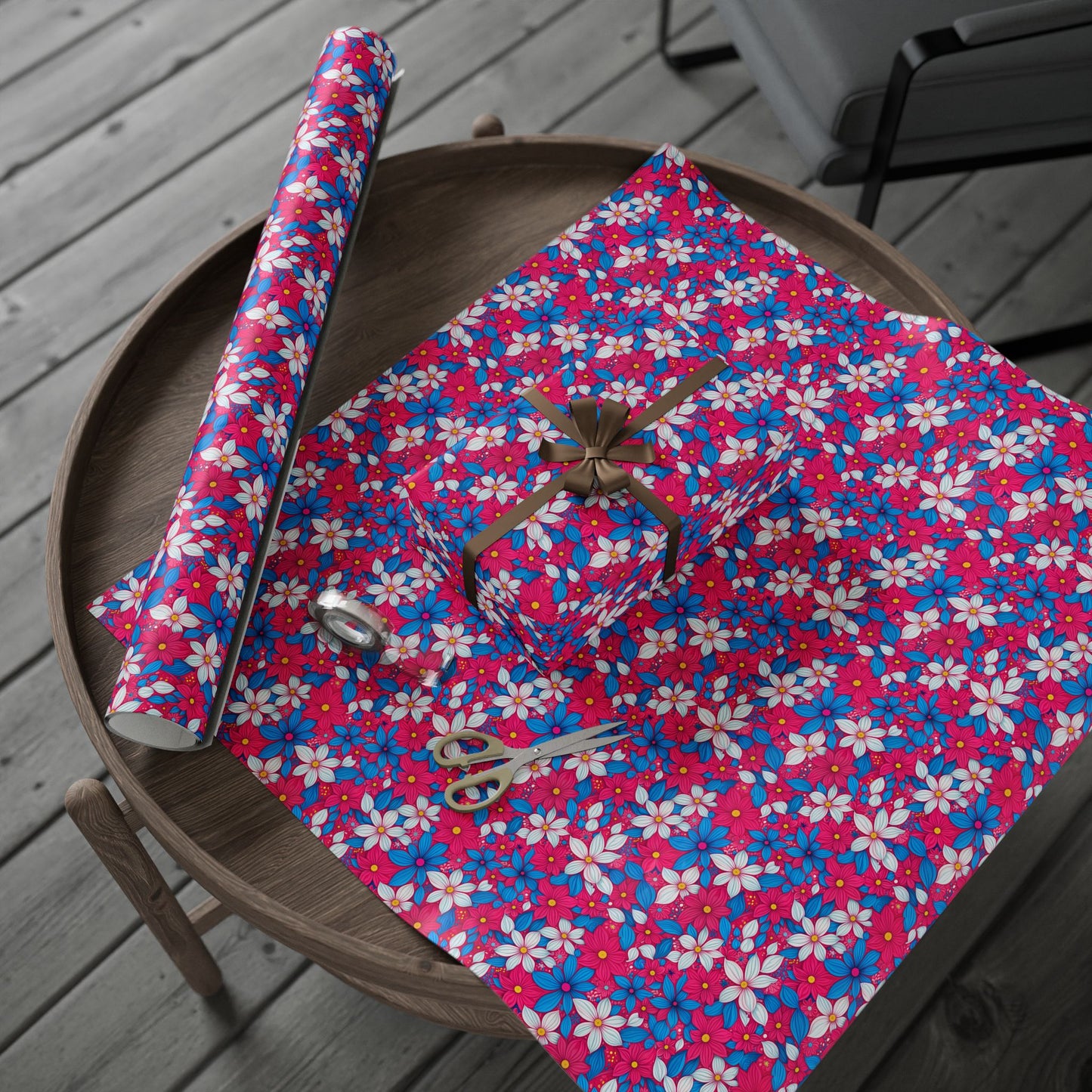 Vibrant Pink, White and Blue Floral Wrapping Paper
