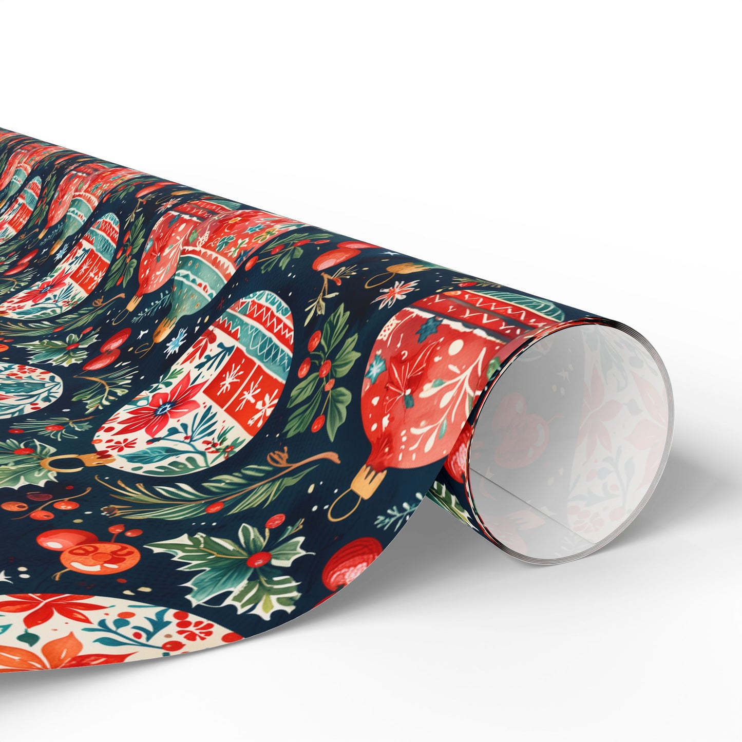 Twinkle Tinsel & Midnight Mistletoe – Folk Art Ornament Wrapping Paper