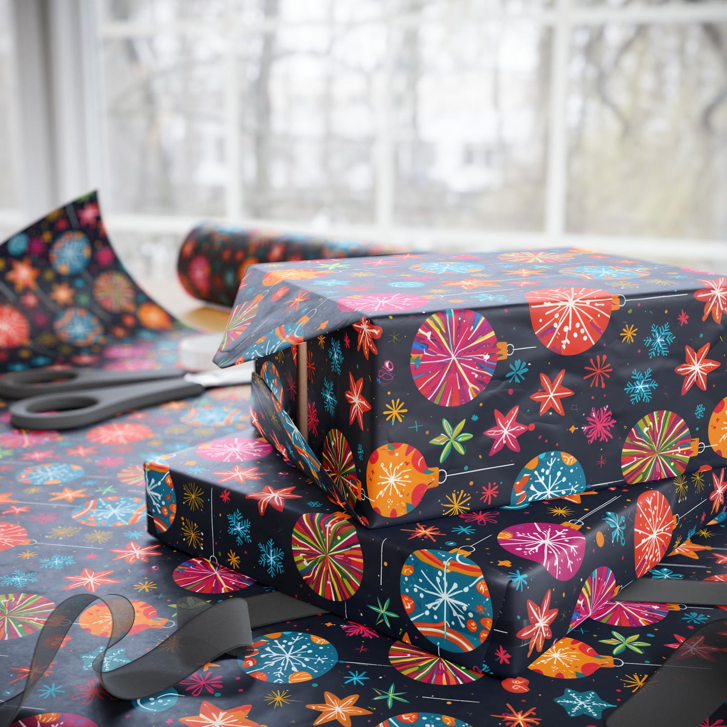 Bauble Blitz – Neon Ornament Holiday Wrapping Paper