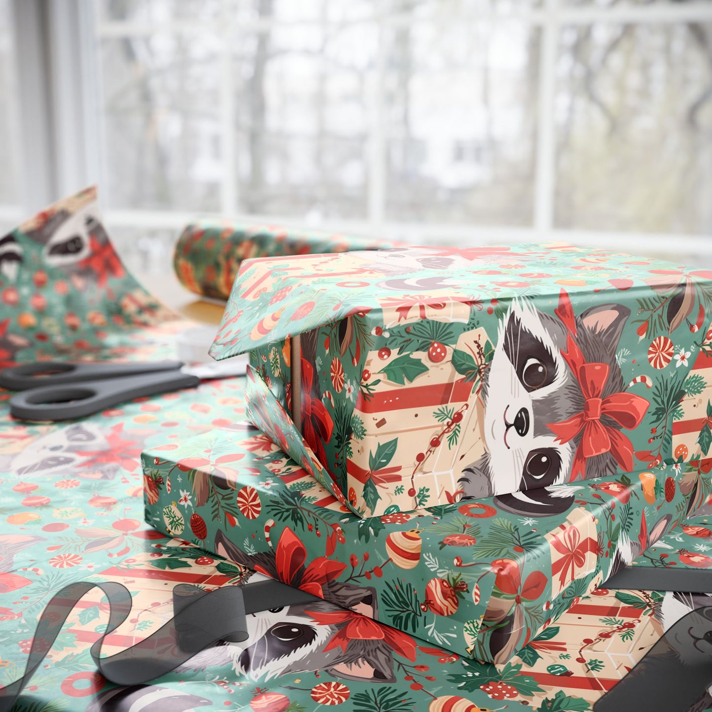 Raccoon Around the Christmas Tree – Whimsical Woodland Wrapping Paper
