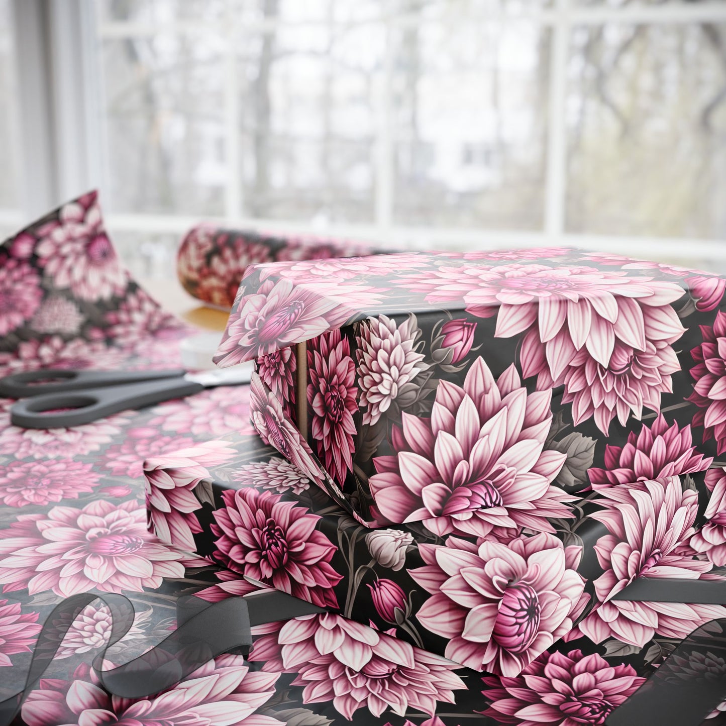 Dahlia Fields of Pink White Black Gift Wrapping Paper