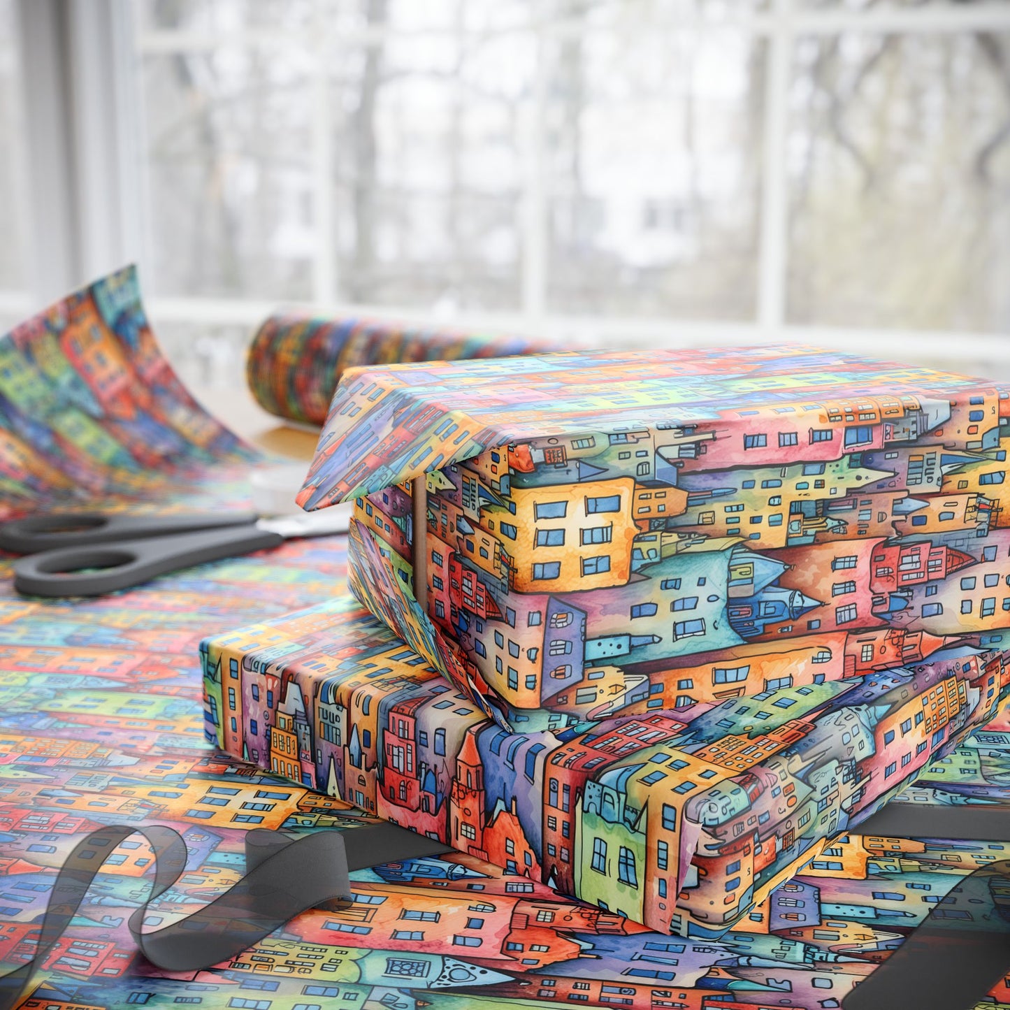 Colorful Pastel Cityscape Wrapping Paper