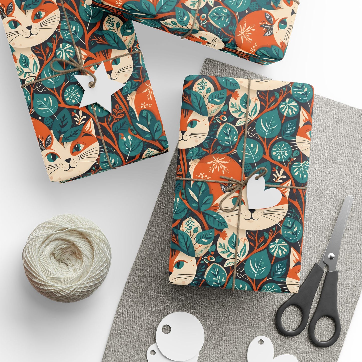 Green Orange Retro Cat Pattern Gift Wrap