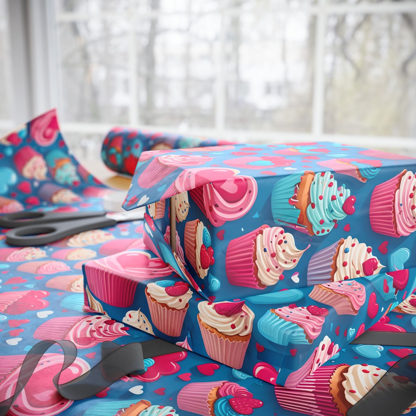 Hearts, Cupcakes, Hot Pink and Blue Valentine Gift Paper