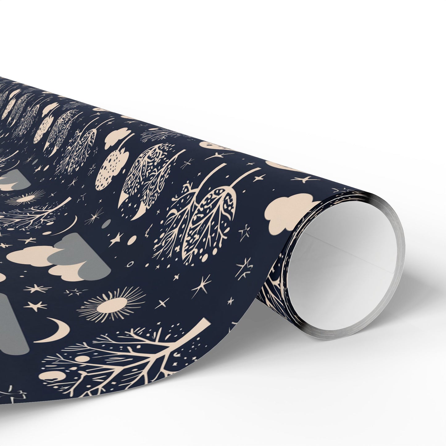 Wrapping Paper - Abstract Moon Stars and Trees in Black and Beige