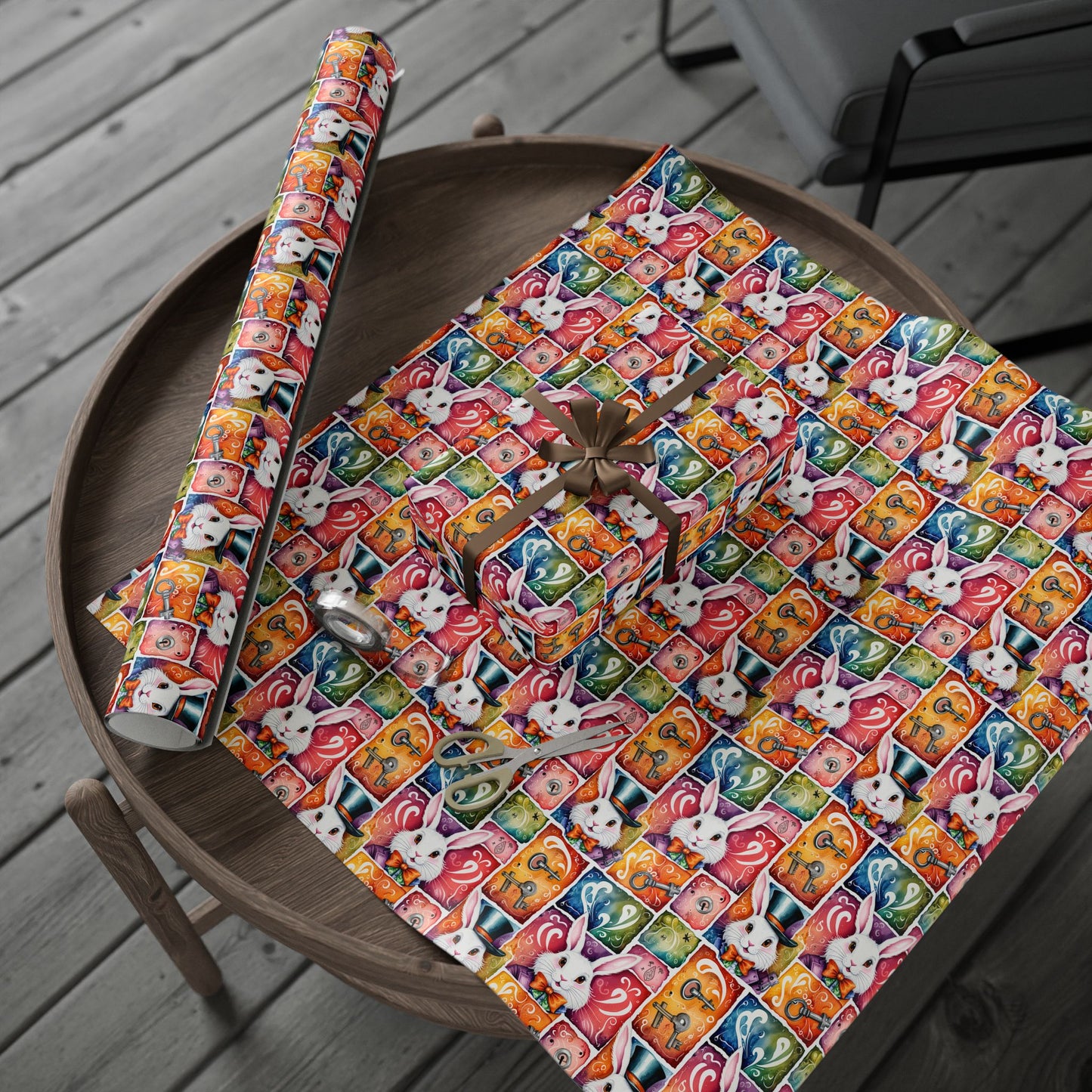 Alice in Wonderland Gift Wrap with Keys & Magic, Whimsical White Rabbit Wrapping Paper