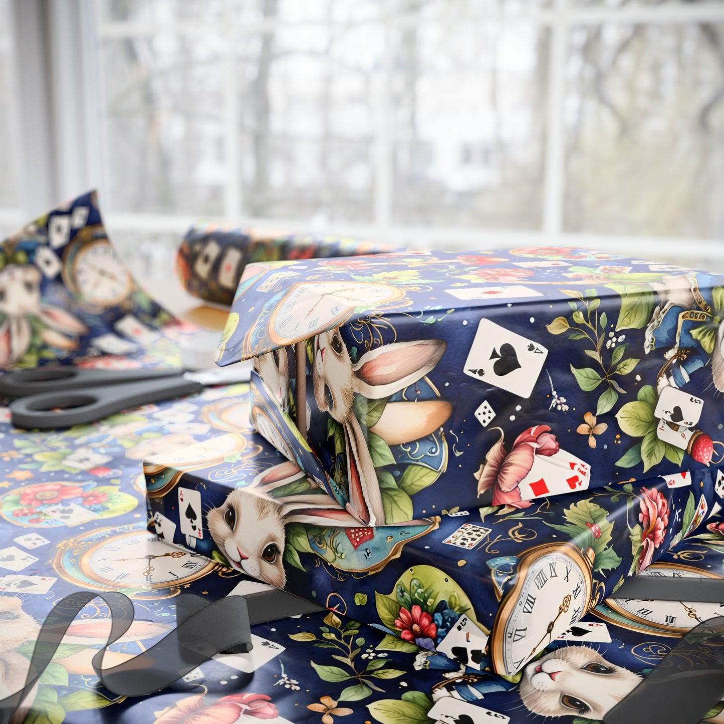Enchanting Navy Gift Wrap inspired by Alice in Wonderland