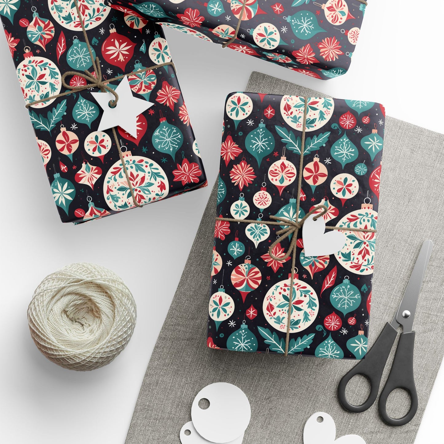 Colorful Aqua and Red Ornaments Wrapping Paper