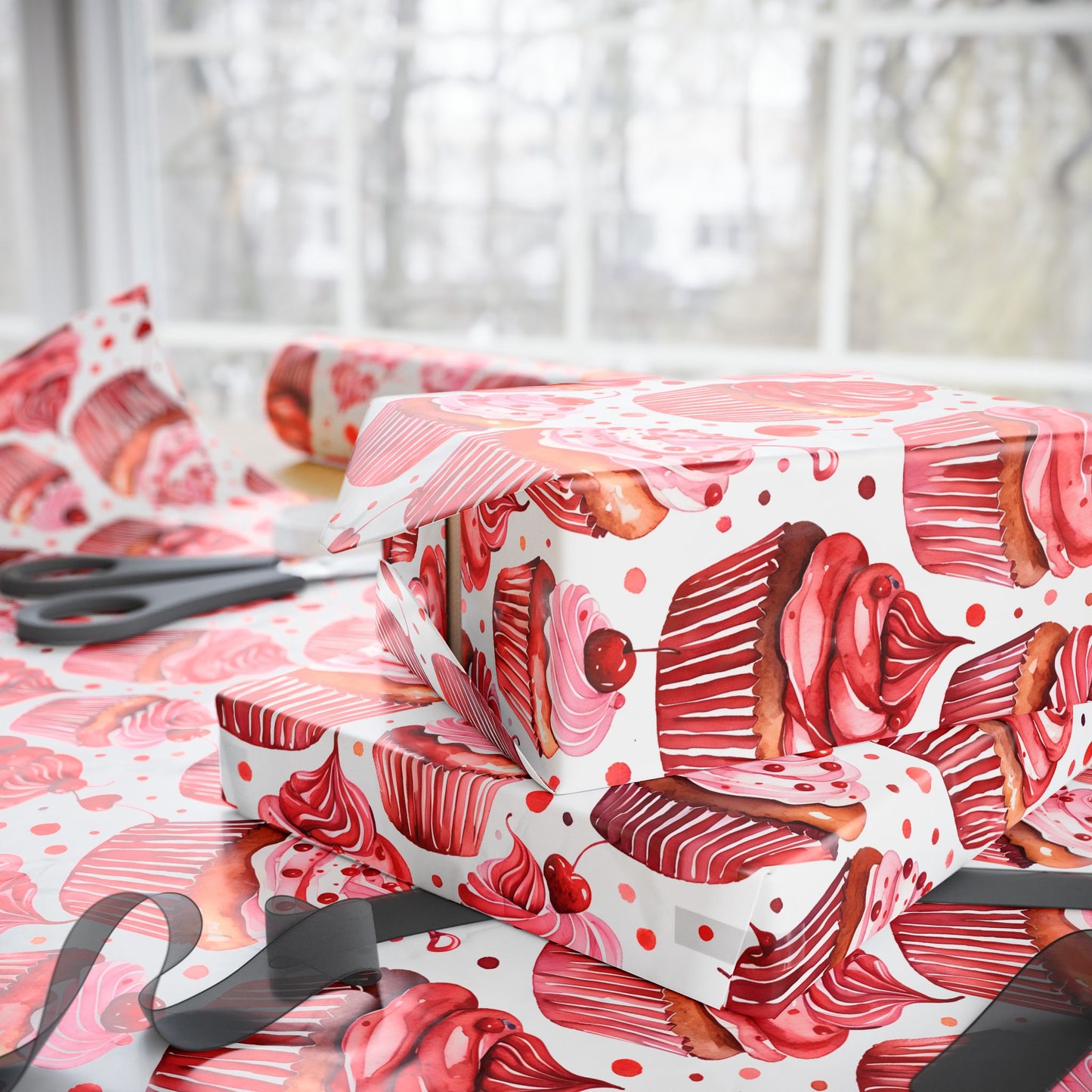 Cheerful Red Cupcake Wrapping Paper