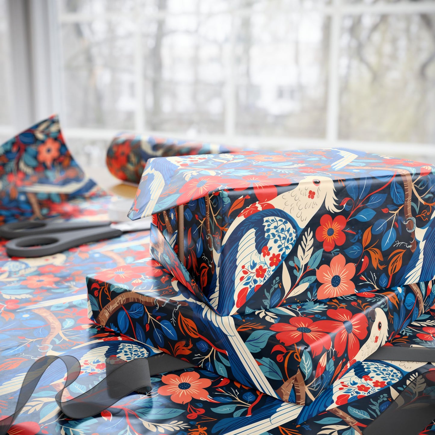 Red and Blue Parrot Floral Gift Wrap Paper