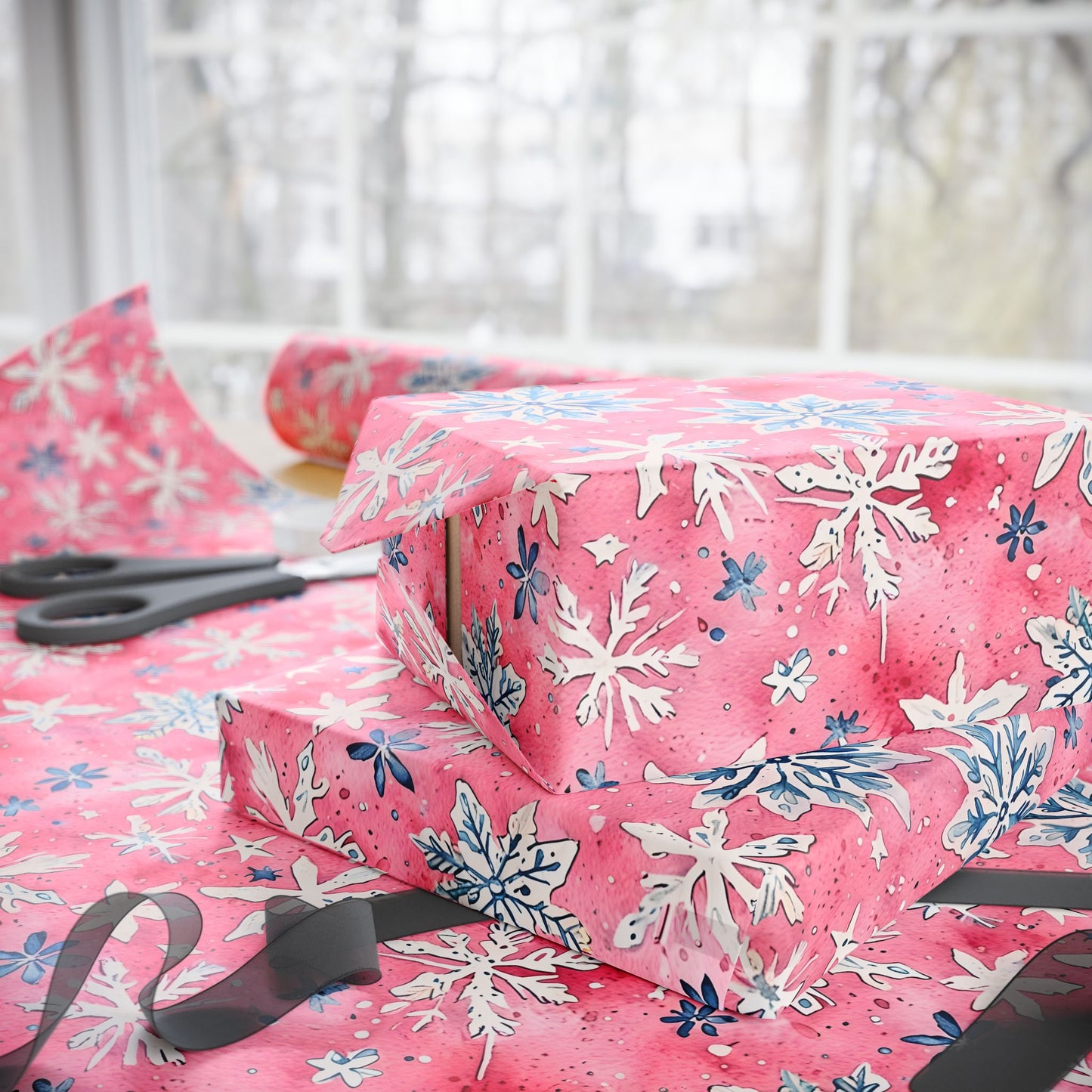 Frosted Flurries & Blush Whirlwinds – Pink Snowflake Wrapping Paper