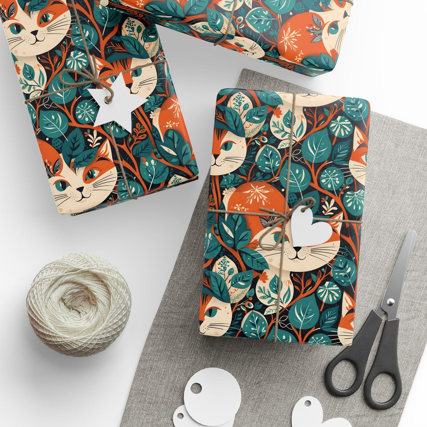 Green Orange Retro Cat Pattern Gift Wrap