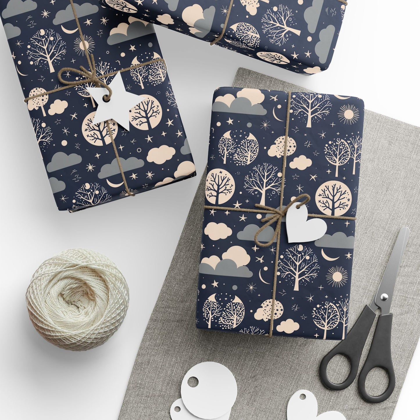 Wrapping Paper - Abstract Moon Stars and Trees in Black and Beige