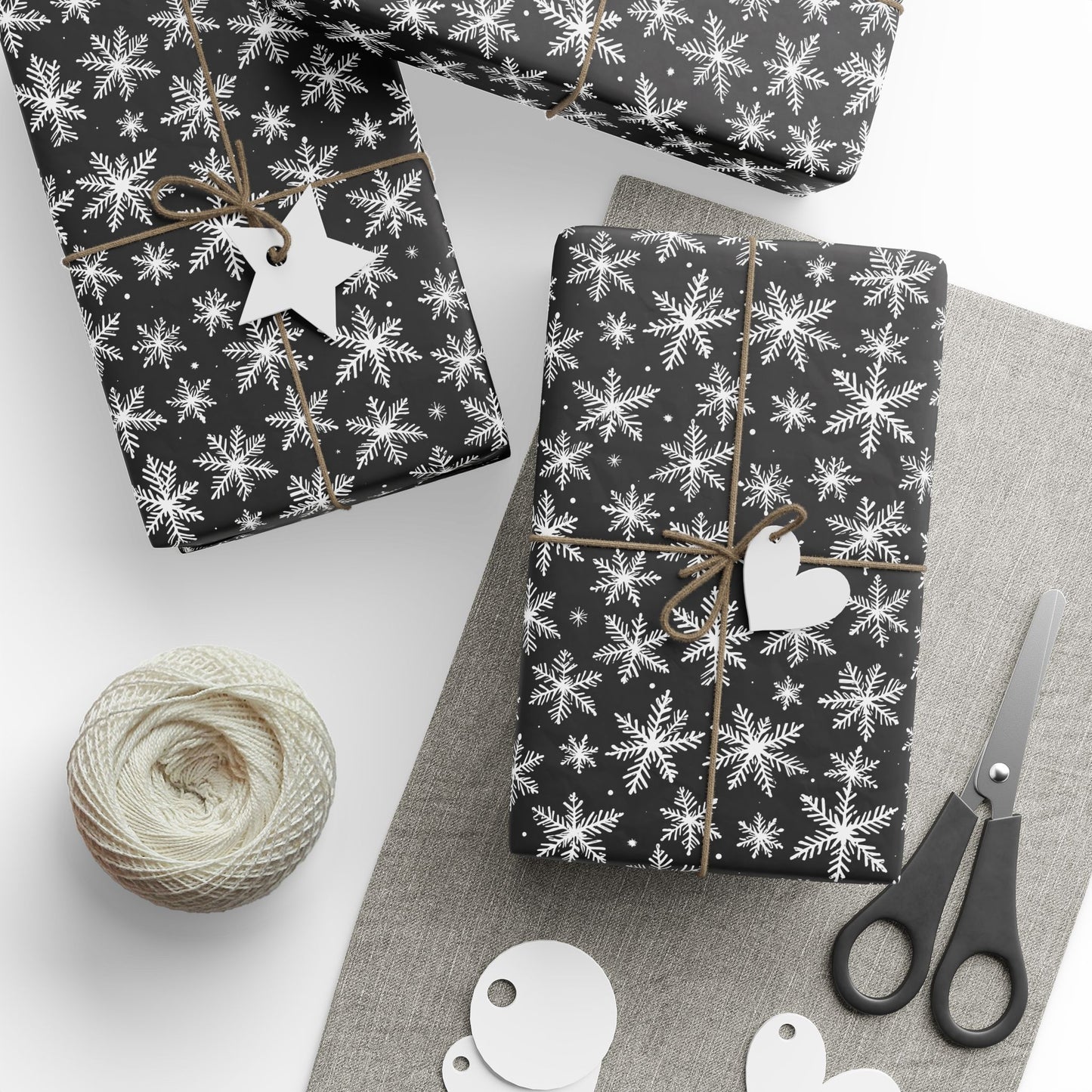 Midnight Flurries – Black & White Snowflake Wrapping Paper