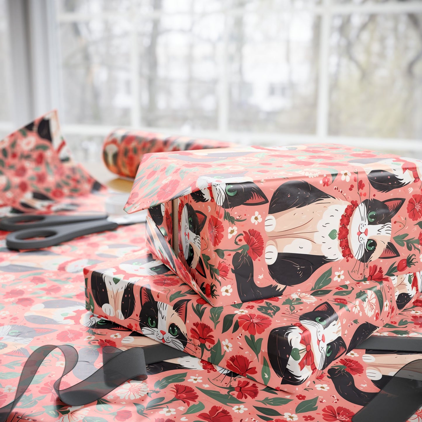 Cat and Floral Pattern on Pink Background Gift Wrap Roll
