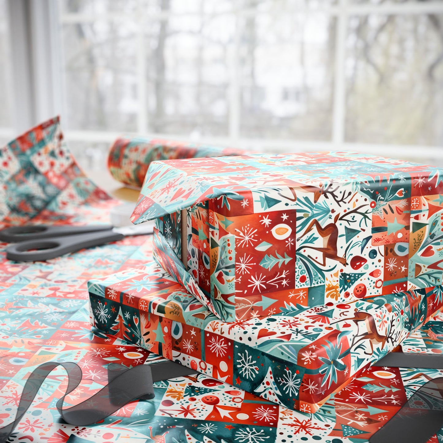Patch Me If You Sleigh – Abstract Holiday Reindeer Wrapping Paper