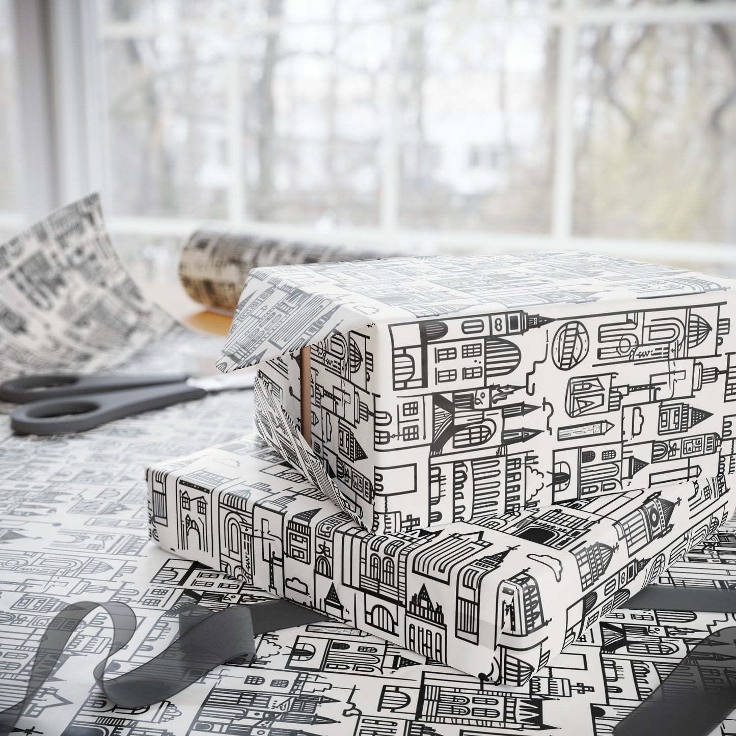 Elegant Black and White Abstract Cityscape Wrapping Paper