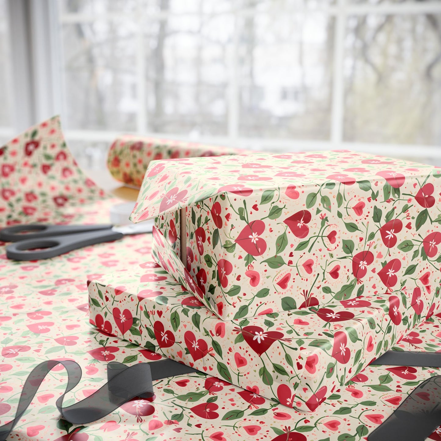 Orange Floral & Heart Wrapping Paper