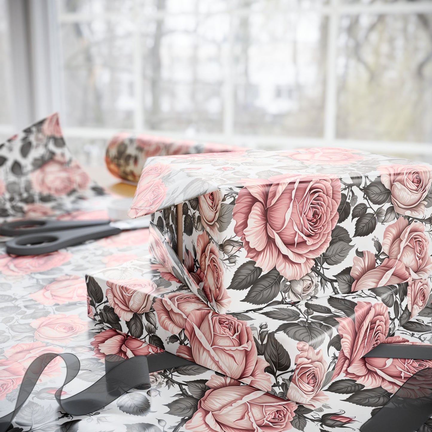 Rose Whispers – Soft Floral Gift Wrap in Pink & Grey