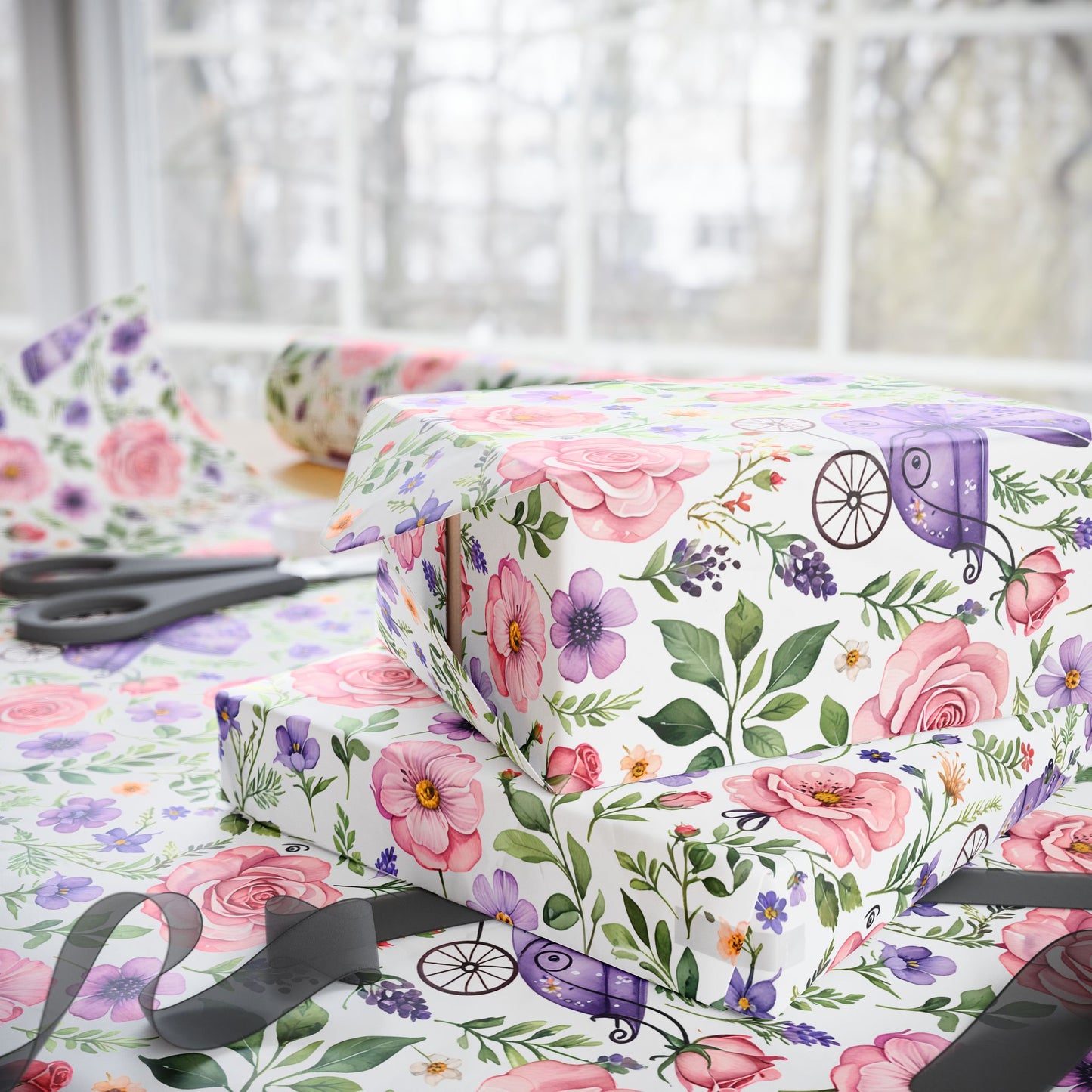 Baby Shower Gift Wrap with Floral and Baby Carriage Design
