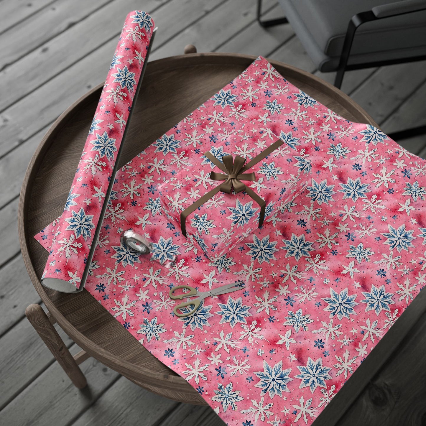 Frosted Flurries & Blush Whirlwinds – Pink Snowflake Wrapping Paper