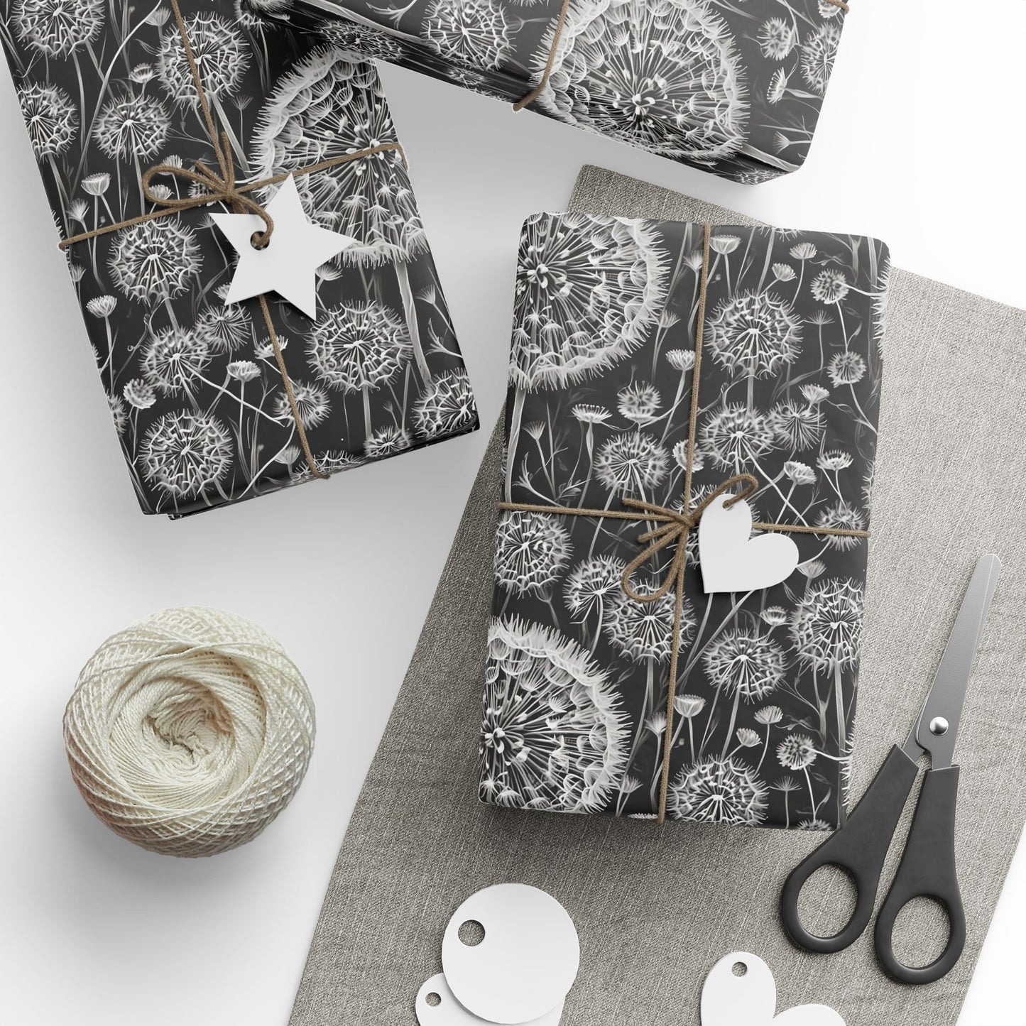Wrapping Papers - Dandelion Seed Head Flowers Black and White Line Drawings