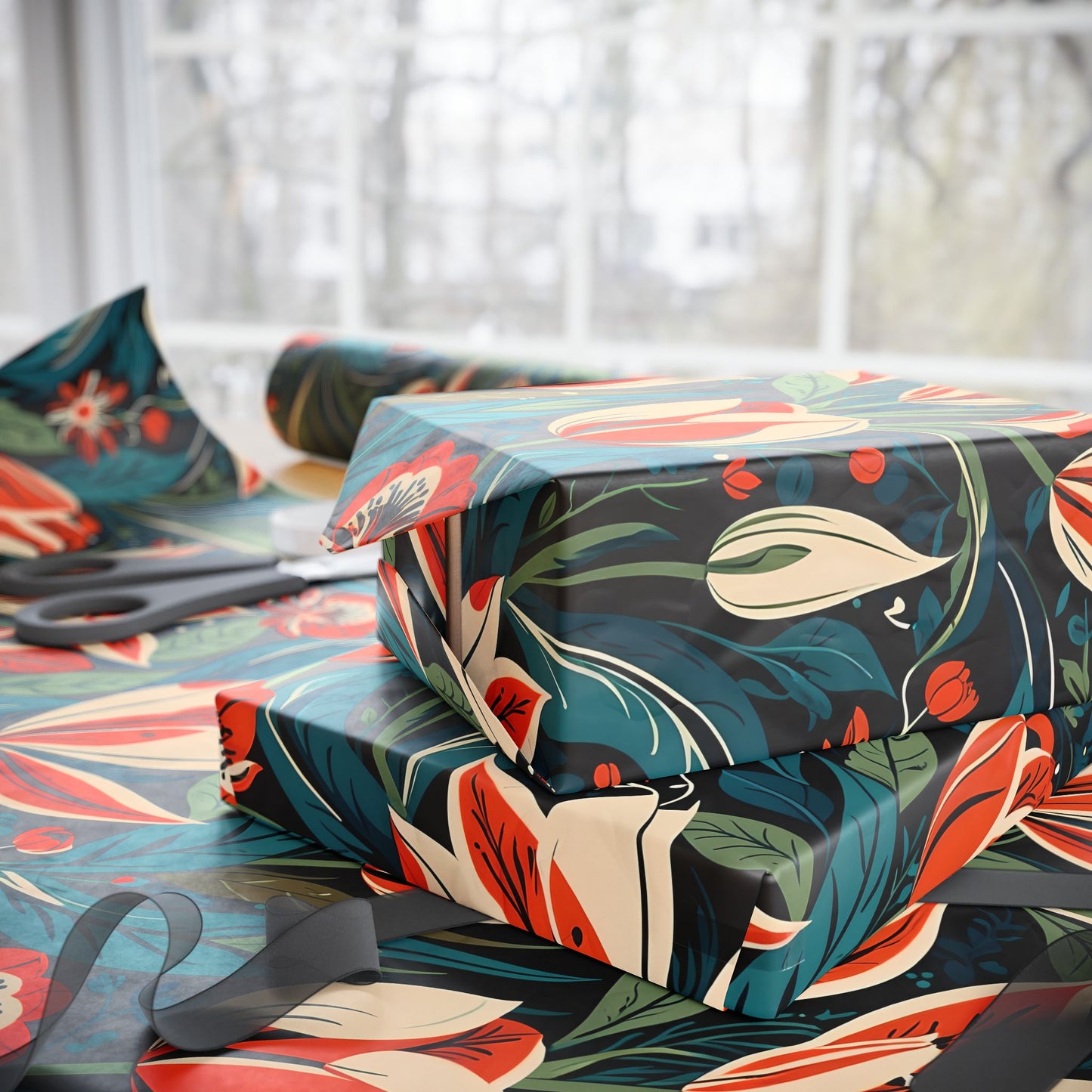 Orange Green Blue Botanical Floral Wrap for Presents