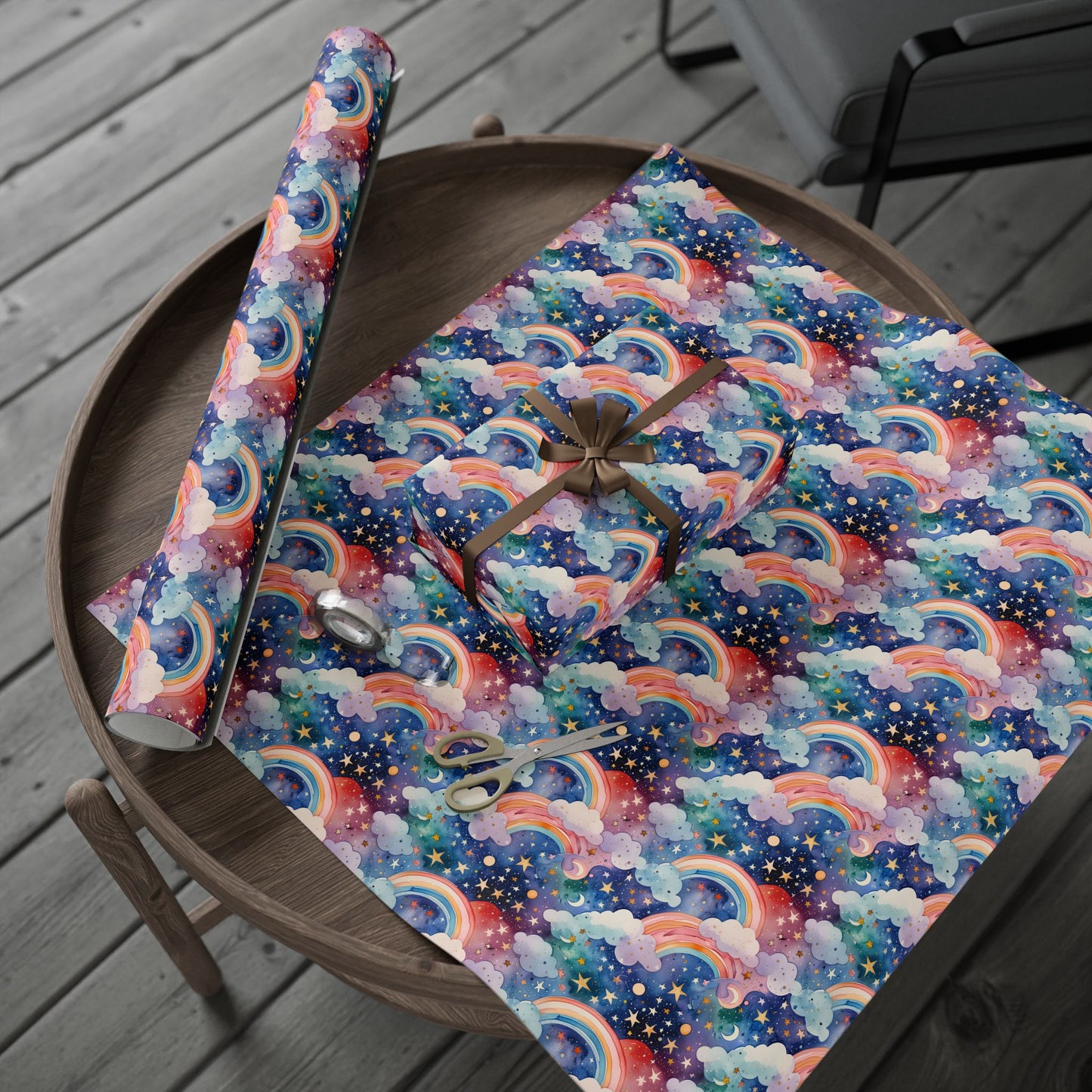Celestial Rainbows – Whimsical Night Sky Wrapping Paper