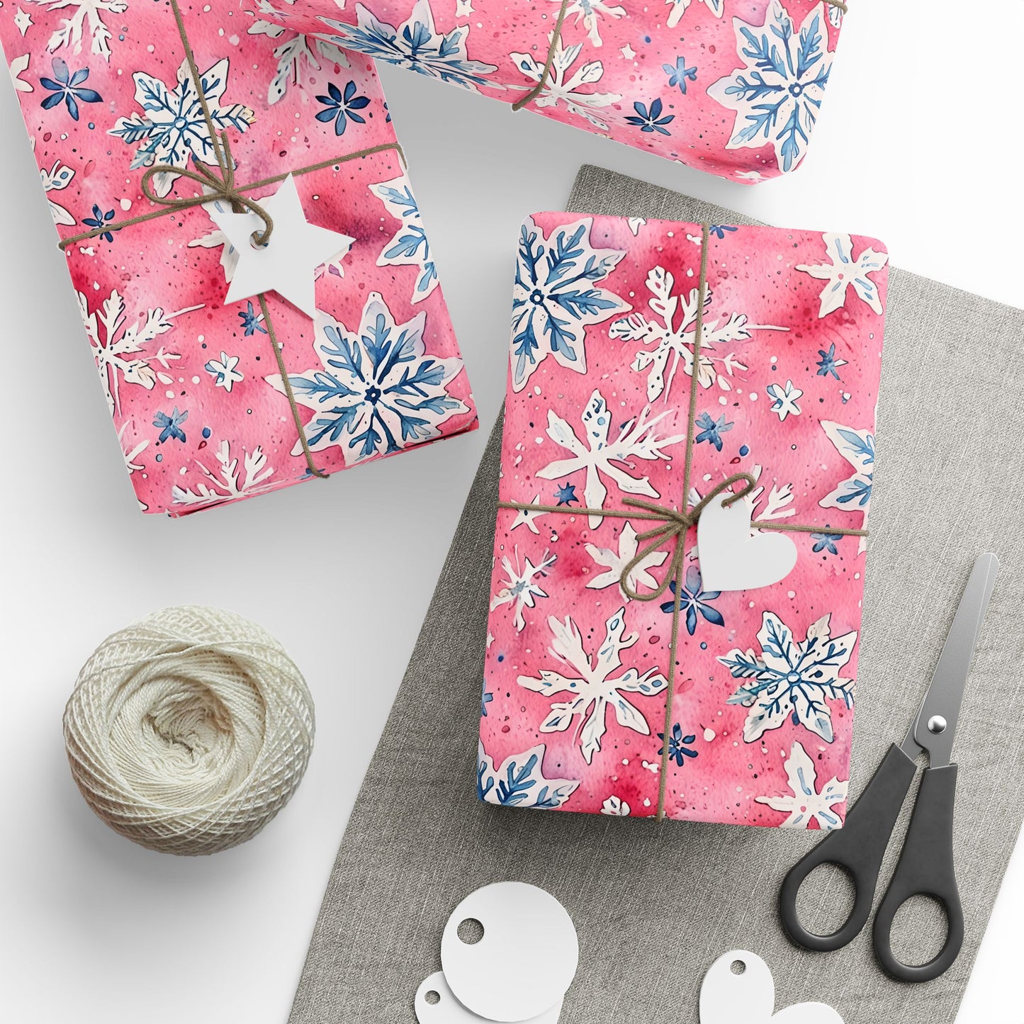 Frosted Flurries & Blush Whirlwinds – Pink Snowflake Wrapping Paper