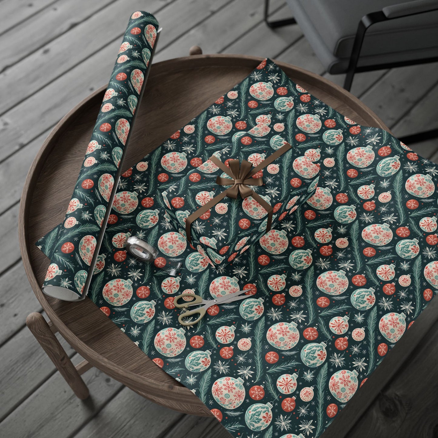 Frosted Evergreen – Retro Ornament & Pine Wrapping Paper