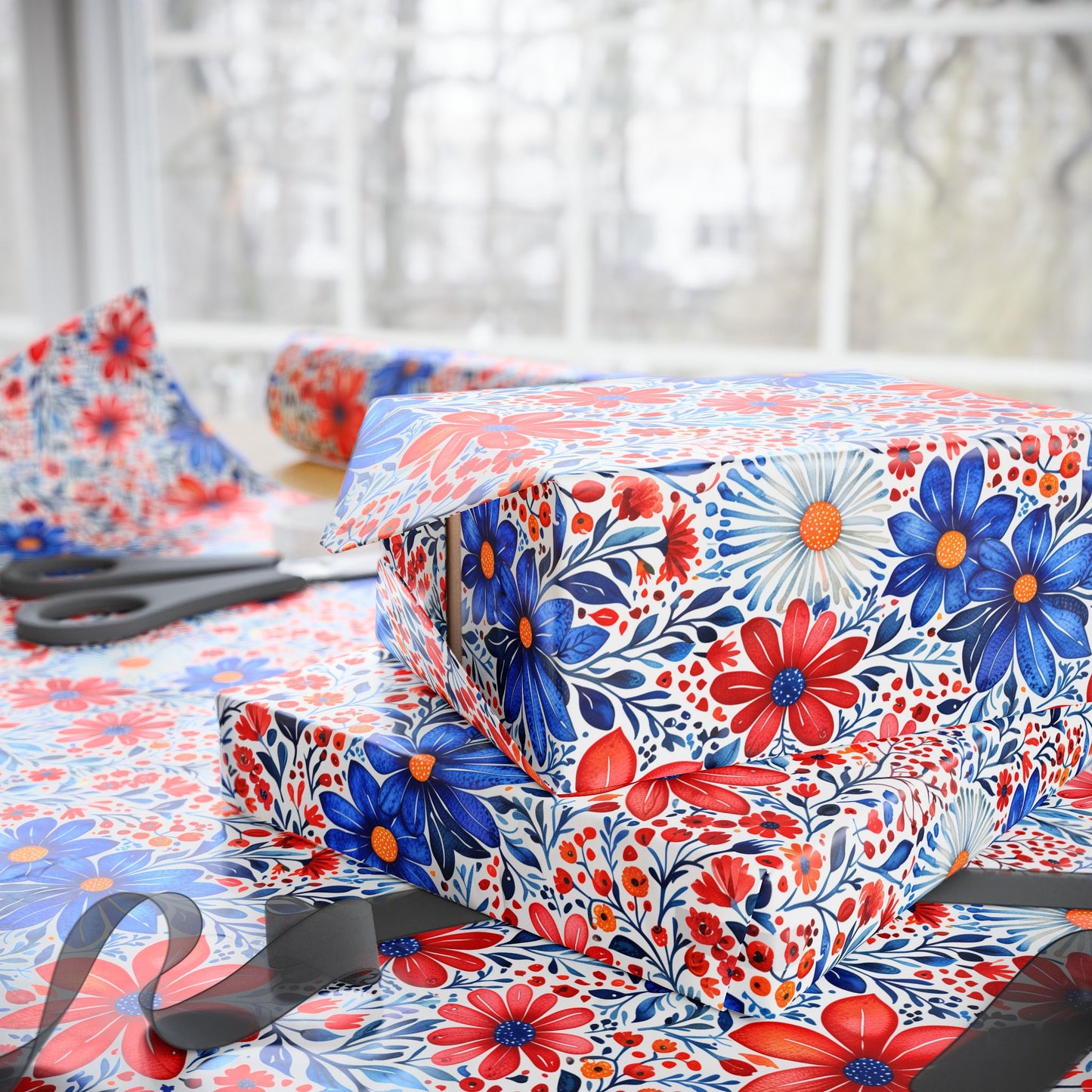 Red, White and Blue Floral Wrapping Paper