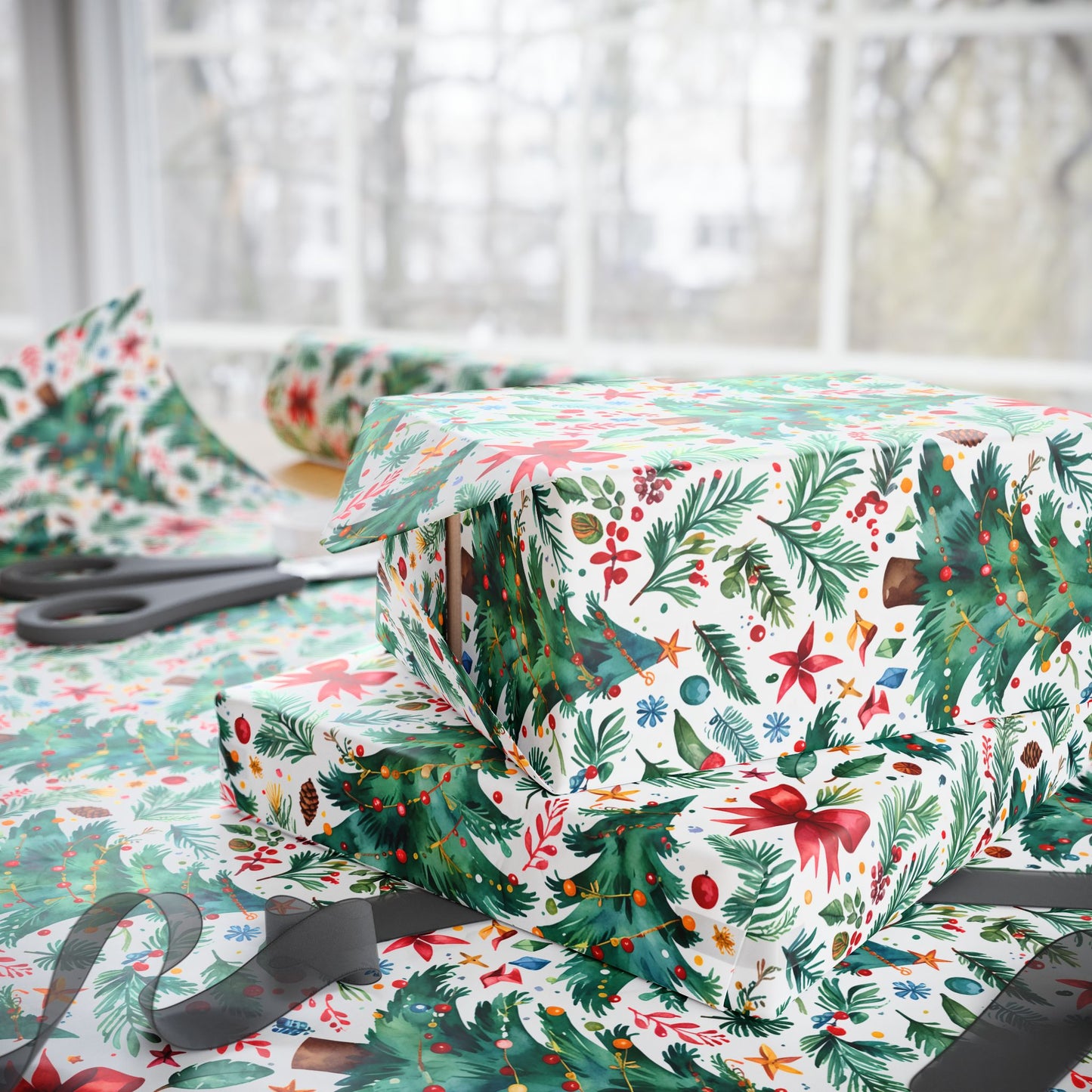 Merry & Bright Botanicals – Watercolor Tree & Garland Wrapping Paper