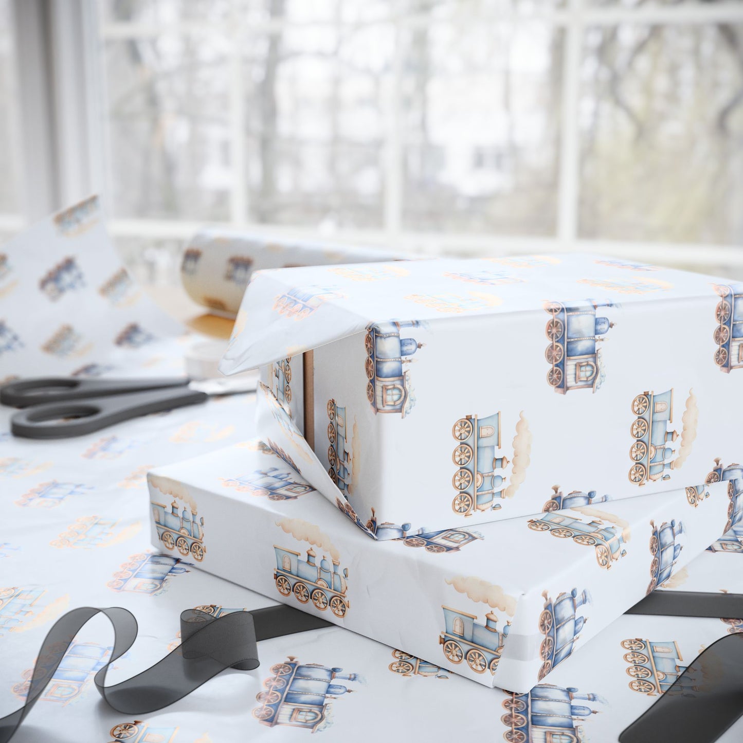 Charming Blue Train Wrapping Paper for Kids – Cute Vintage Locomotive Gift Wrap