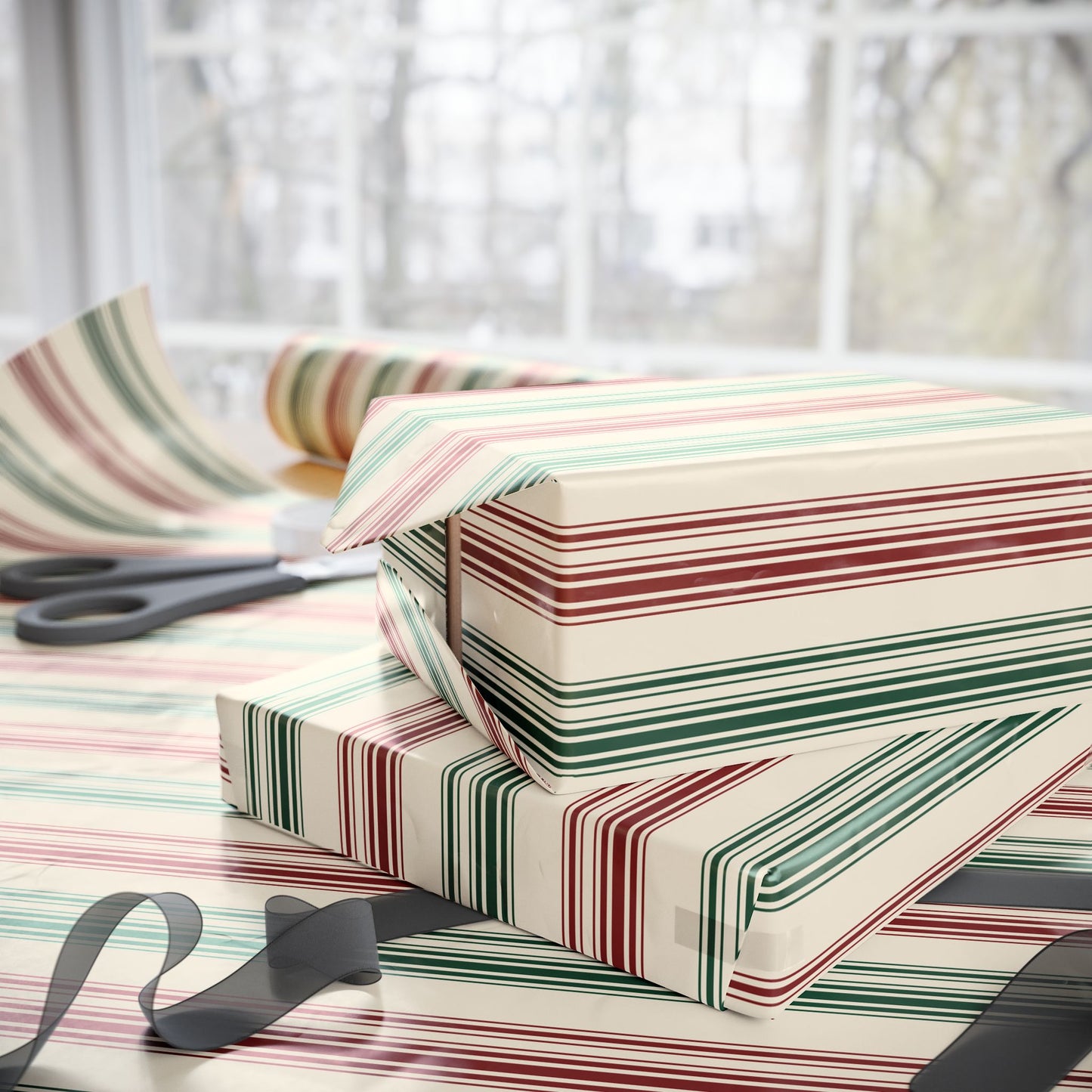 Festive Red & Green Striped Wrapping Paper