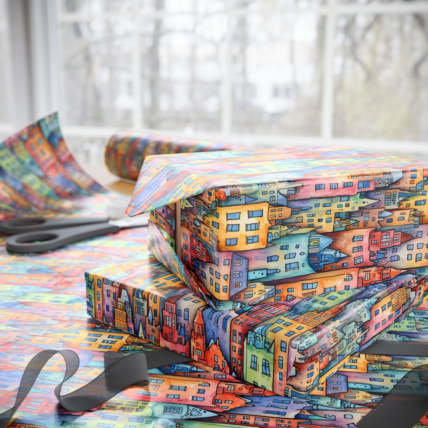 Colorful Pastel Cityscape Wrapping Paper