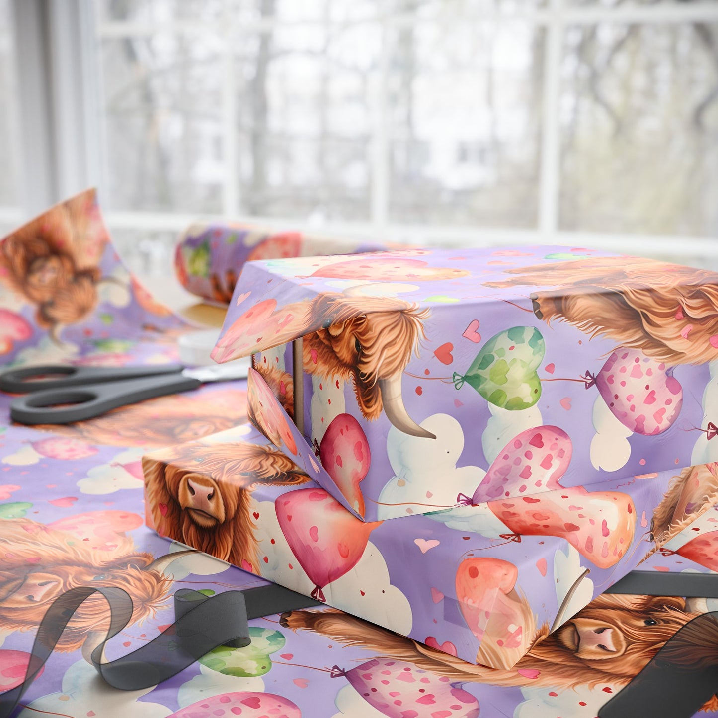 Wrapping Paper: Purple Valentine's Day Highland Cow