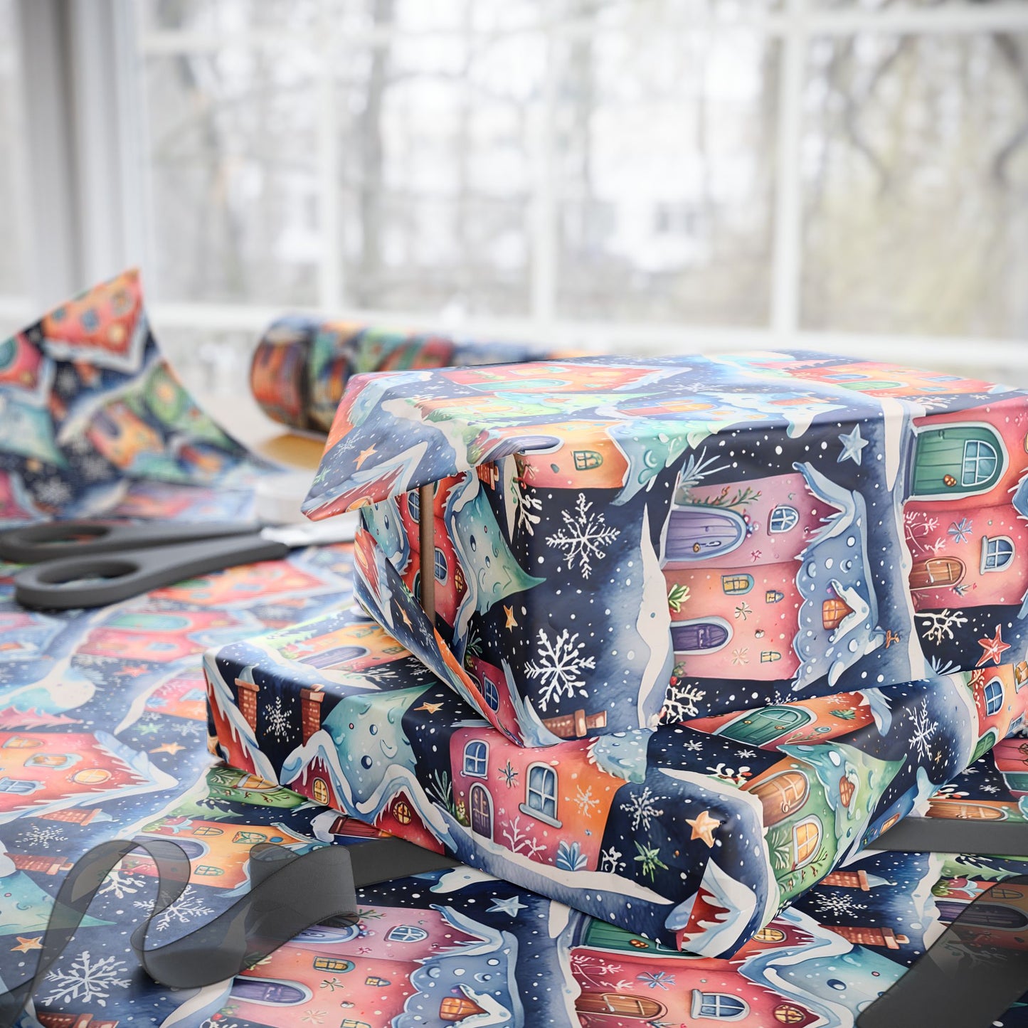 Holiday Wrapping Papers with Sparkling Star, Cute Snowflake, and Christmas Village Design