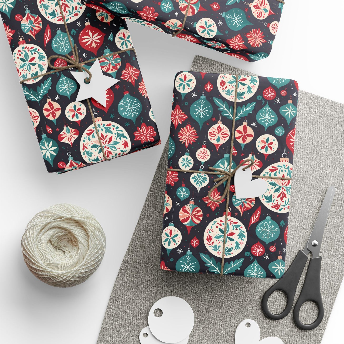 Colorful Aqua and Red Ornaments Wrapping Paper