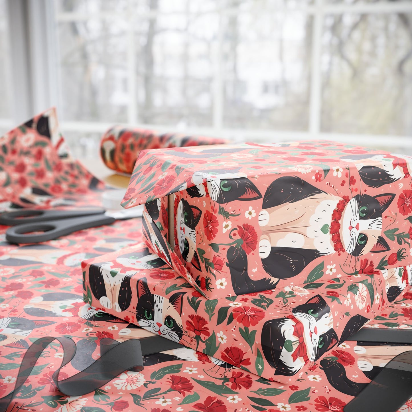 Cat and Floral Pattern on Pink Background Gift Wrap Roll