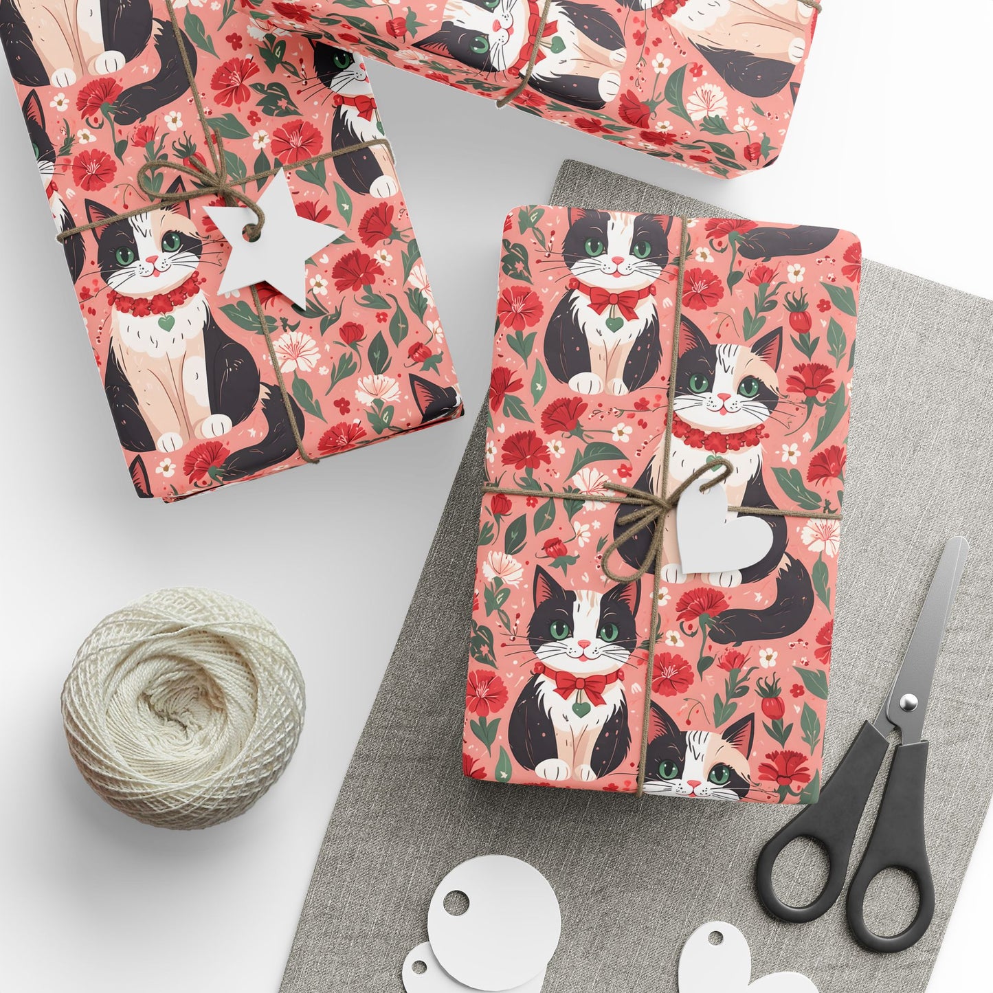 Cat and Floral Pattern on Pink Background Gift Wrap Roll