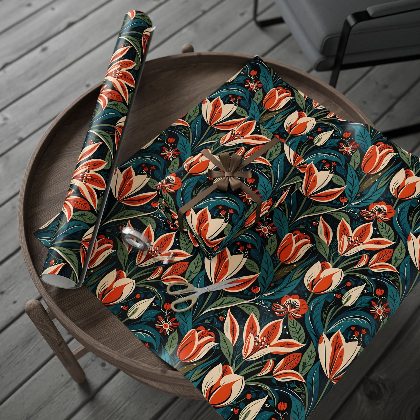 Orange Green Blue Botanical Floral Wrap for Presents